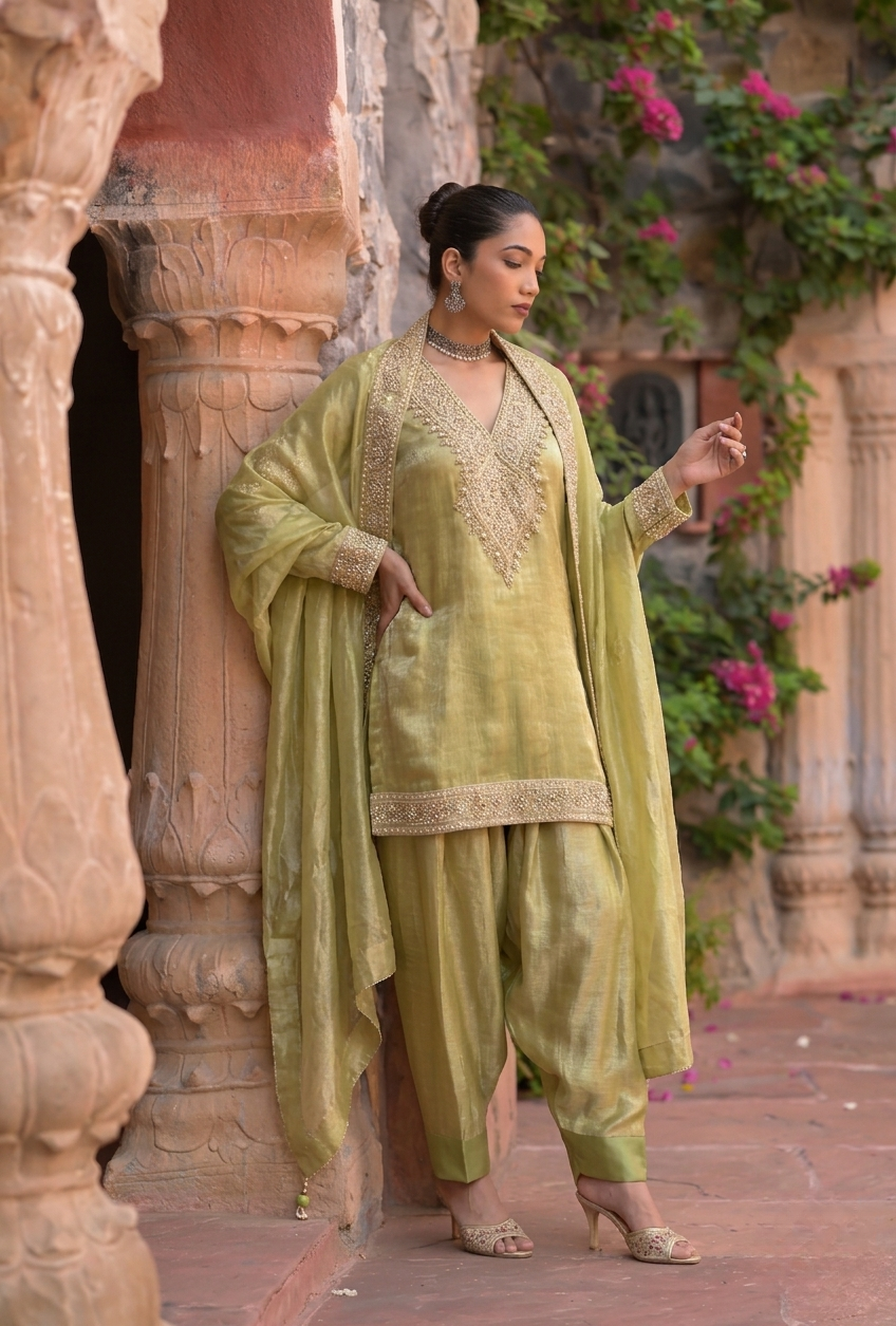 Umrao | Elegant Pastel Green Embroidered Silk Suit Set with Dupatta