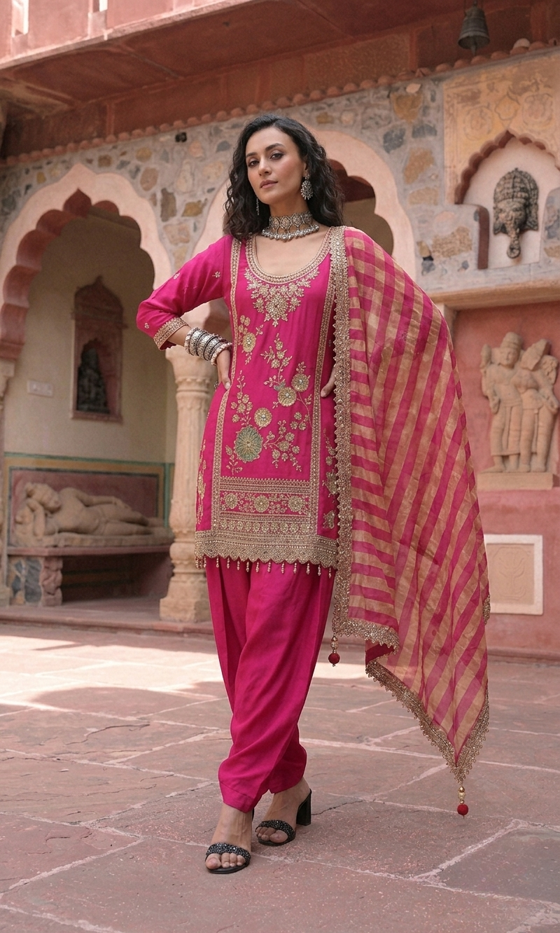 Zoya | Fuchsia Pink Hand-Embroidered Suit Set