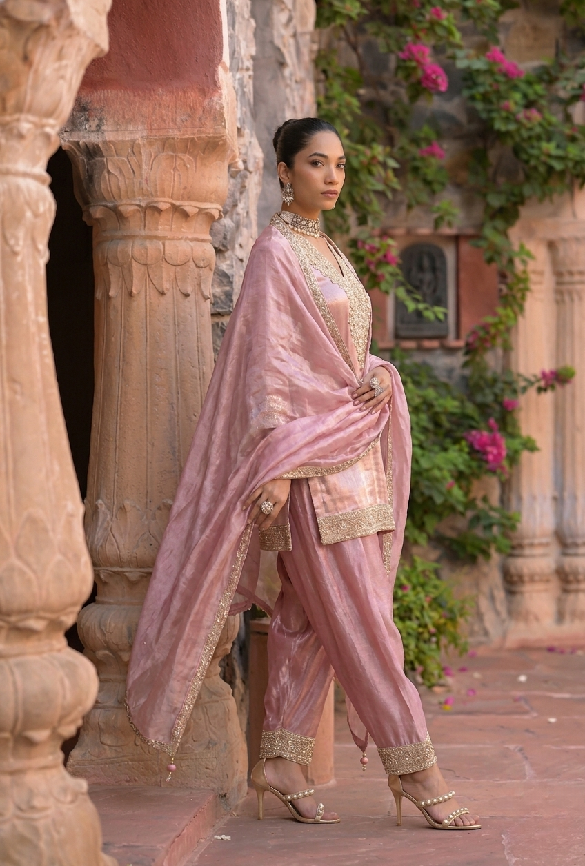 Shafah | Dusty Rose Pink Embroidered Silk Farzi Suit Set with Dupatta