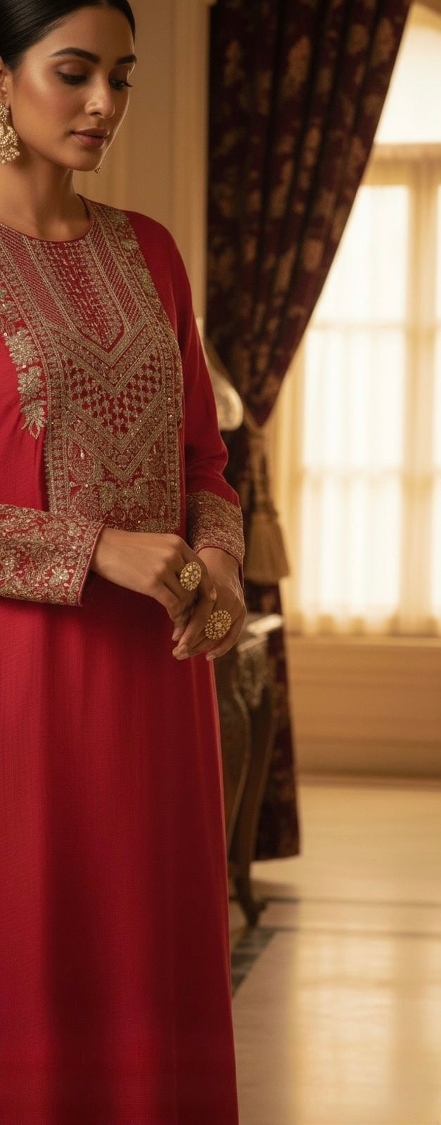Ruby | Red Embroidered Kaftan Set with Palazzo Pants