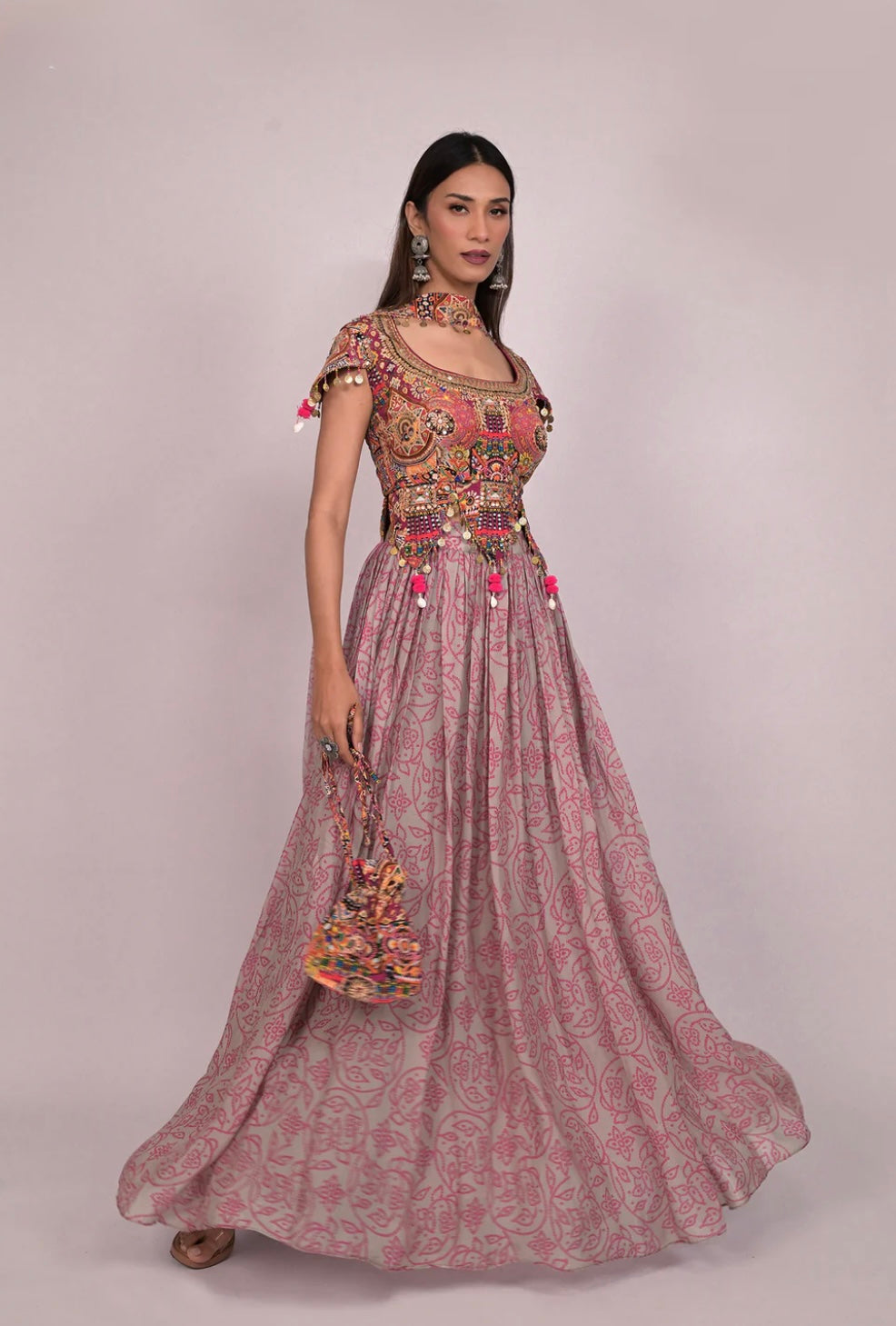 Rose Hand-Embroidered blouse lehenga with Choker dupatta with Potli Bag