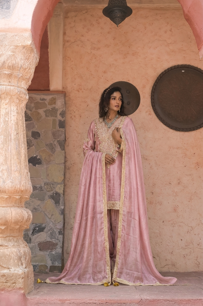 Shafah | Dusty Rose Pink Embroidered Silk Farzi Suit Set with Dupatta