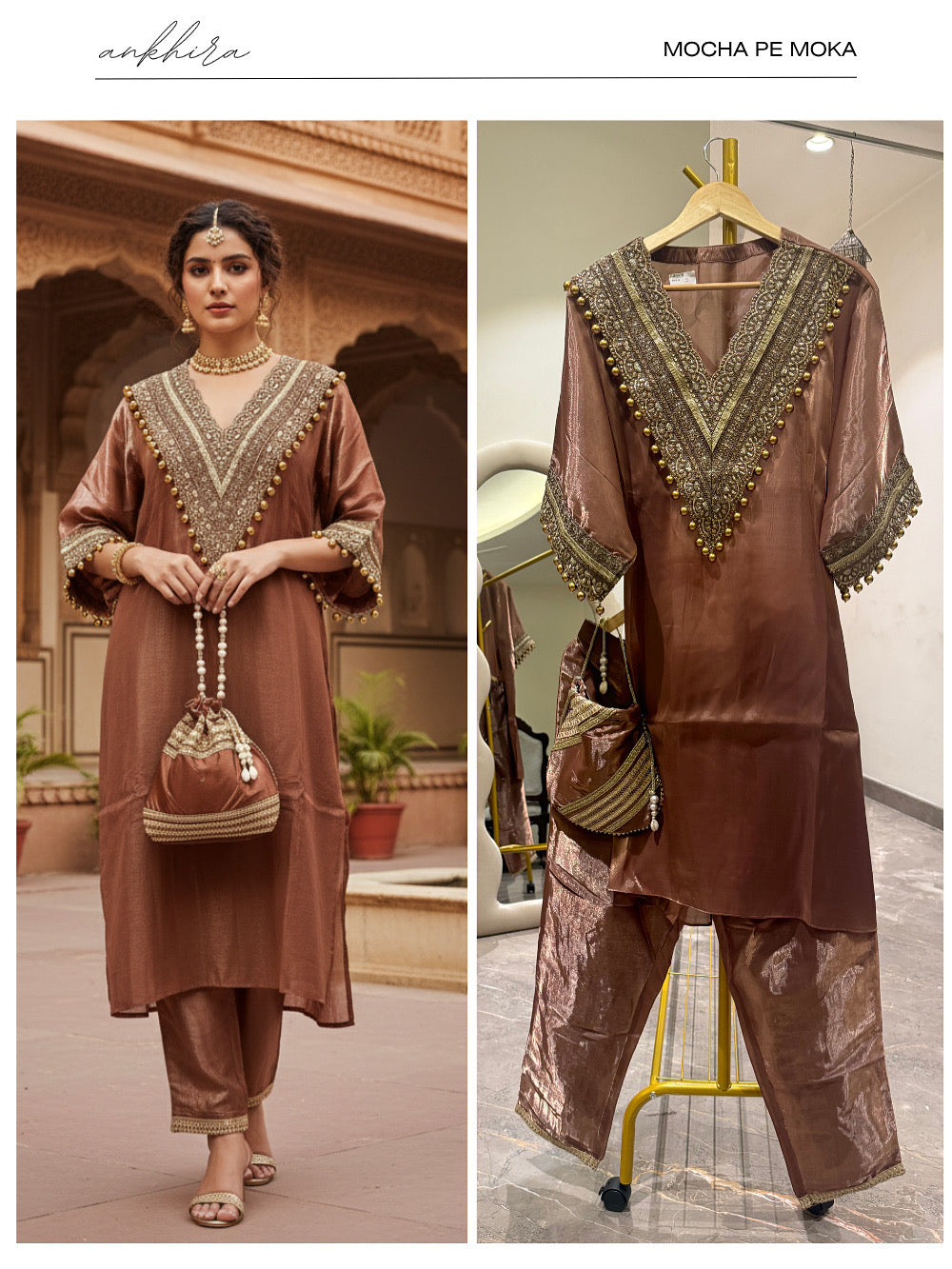 Mocha pe Moka | Brown Coord Set with Handcrafted Potli
