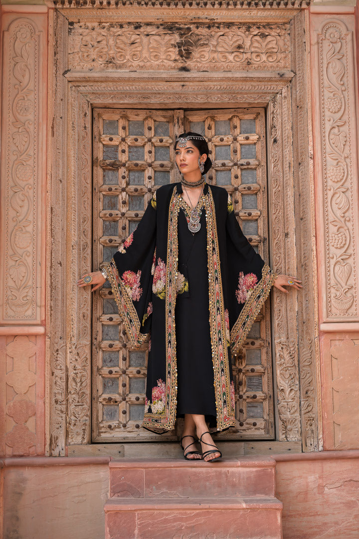 Naznina | Black Floral Embroidered Long Cape Jacket Set