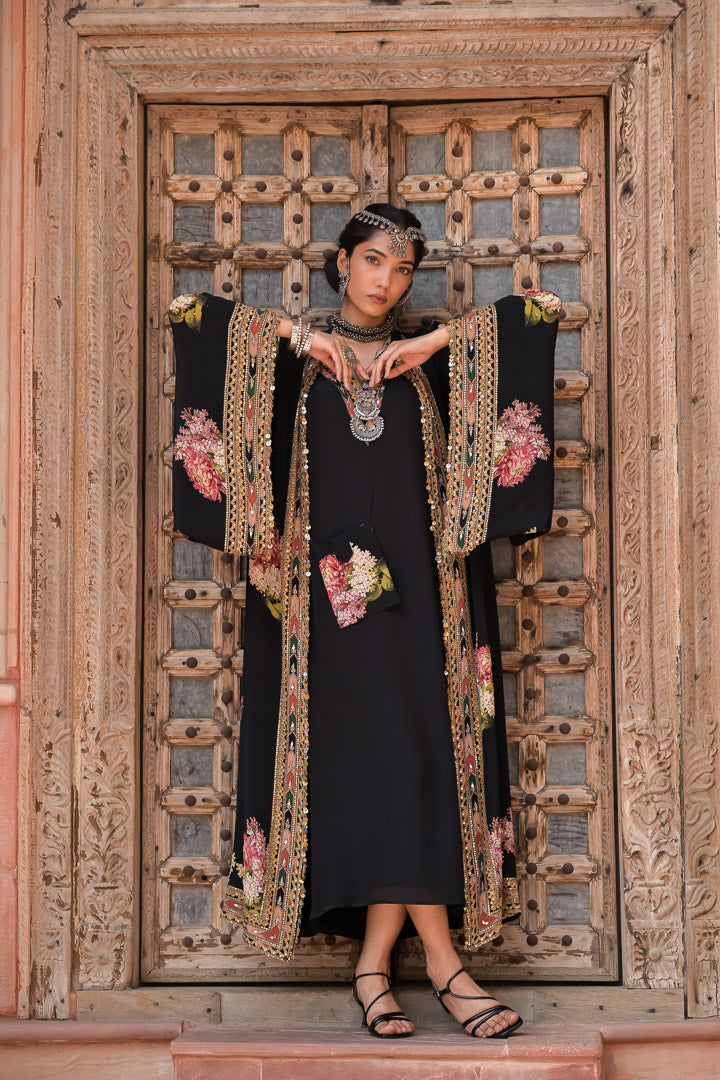 Naznina | Black Floral Embroidered Long Cape Jacket Set