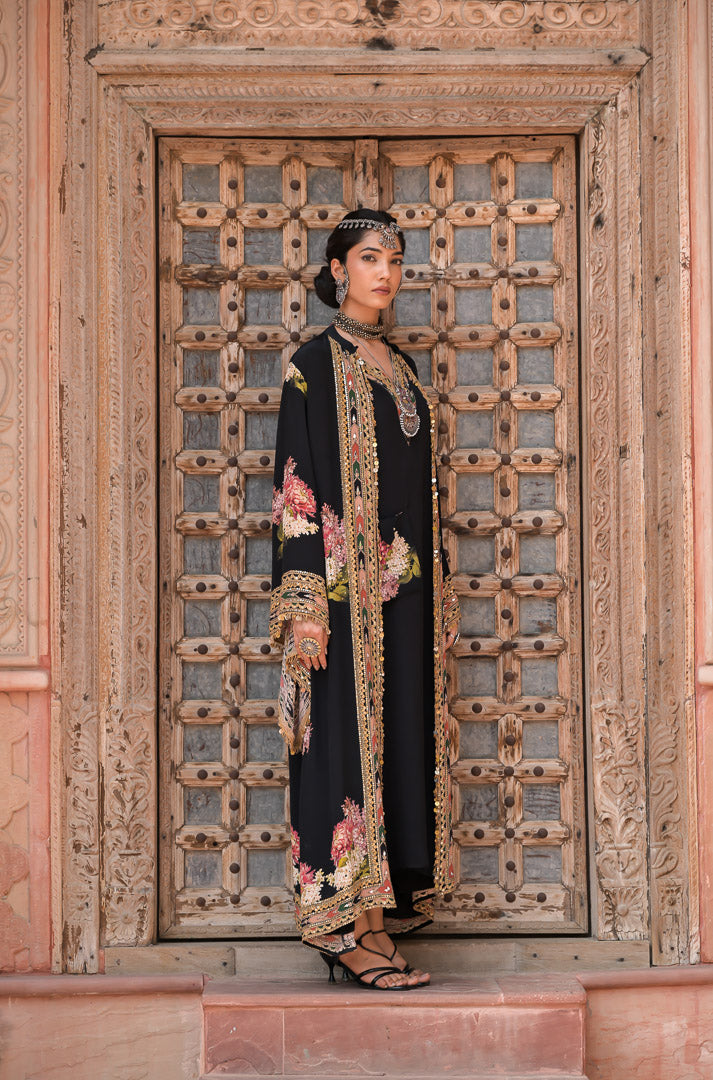 Naznina | Black Floral Embroidered Long Cape Jacket Set