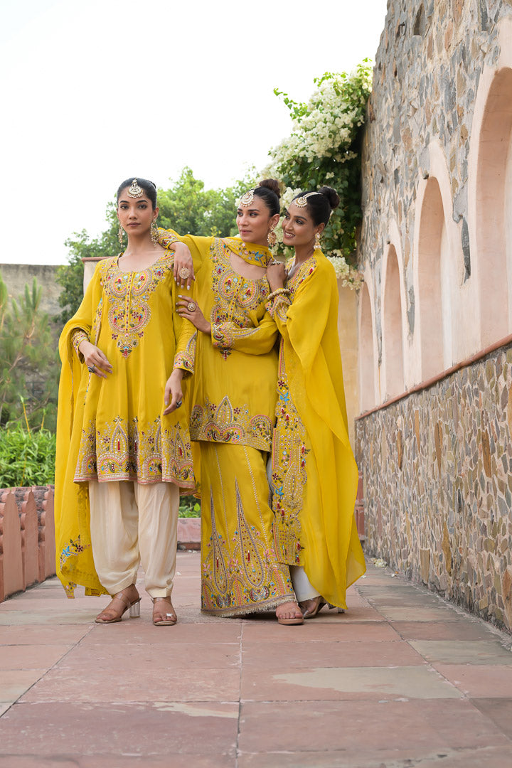 Yellow Begum | Embroidered Mustard Palazzo Set with Dupatta