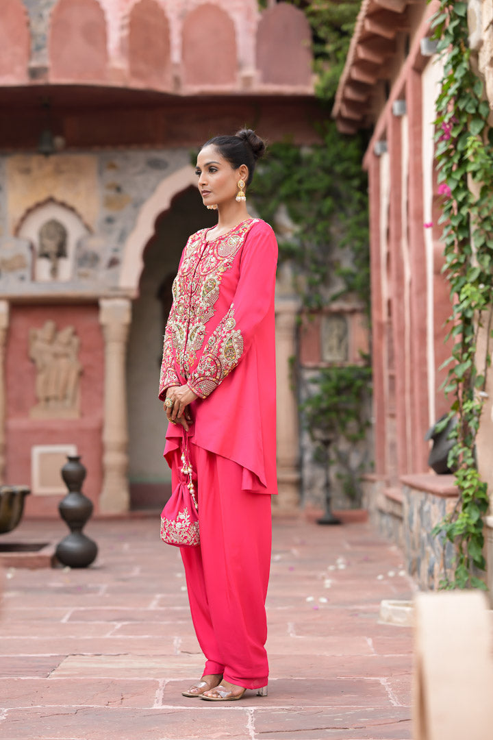 Rukhzar | Bright Pink Embroidered Kurta with Dhoti Pants
