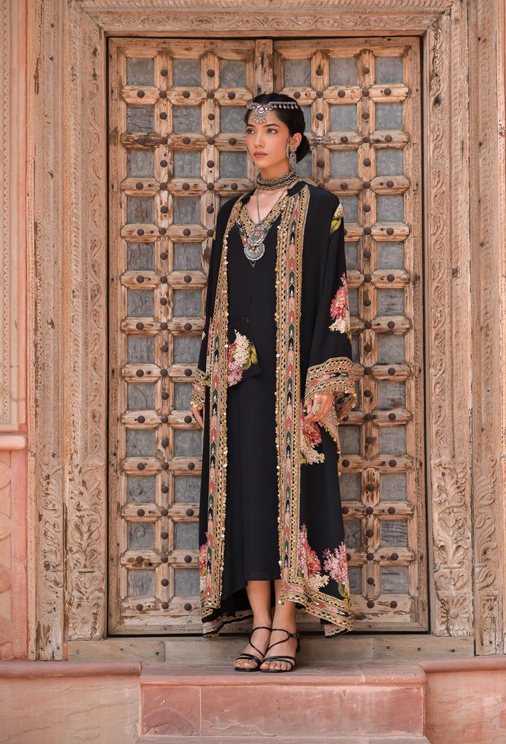 Naznina | Black Floral Embroidered Long Cape Jacket Set