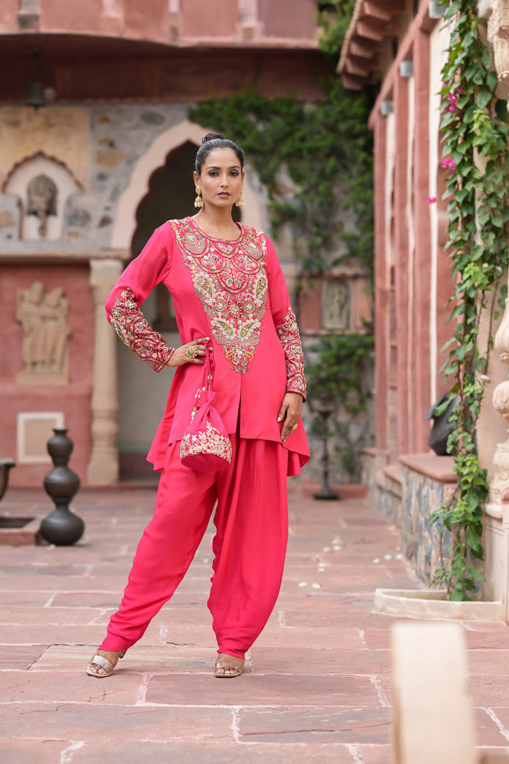 Rukhzar | Bright Pink Embroidered Kurta with Dhoti Pants