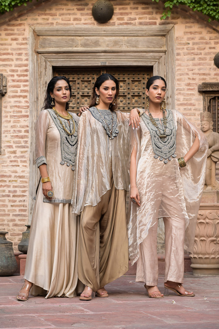 Nazuk | Beige Kaftan Style Suit with Statement Embellished Neckline
