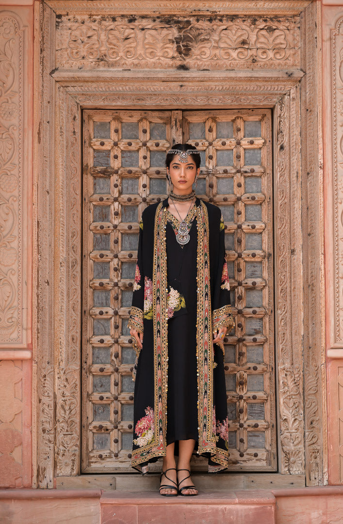 Naznina | Black Floral Embroidered Long Cape Jacket Set