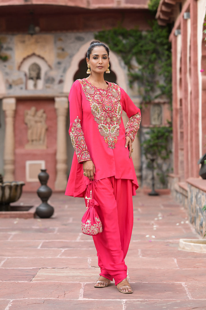 Rukhzar | Bright Pink Embroidered Kurta with Dhoti Pants