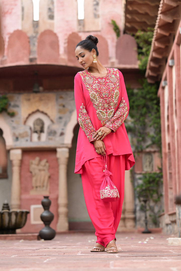 Rukhzar | Bright Pink Embroidered Kurta with Dhoti Pants