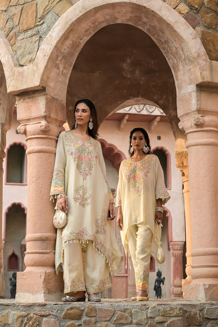 Chand | Beige Embroidered High low Suit
