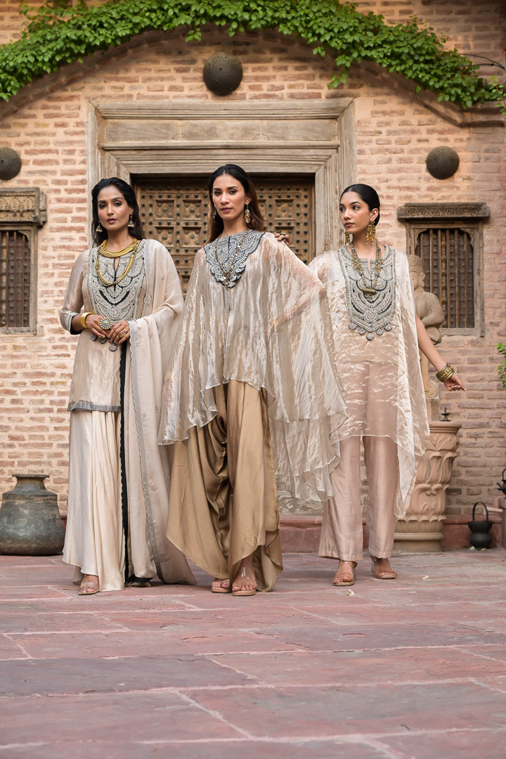 Chanderi | Golden Draped Kaftan Style Suit with Embellished Neckline
