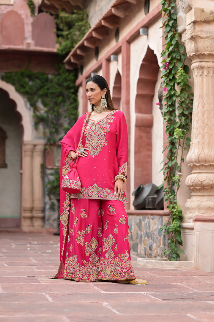 Jodha | Fuchsia pink embroidered palazzo suit set