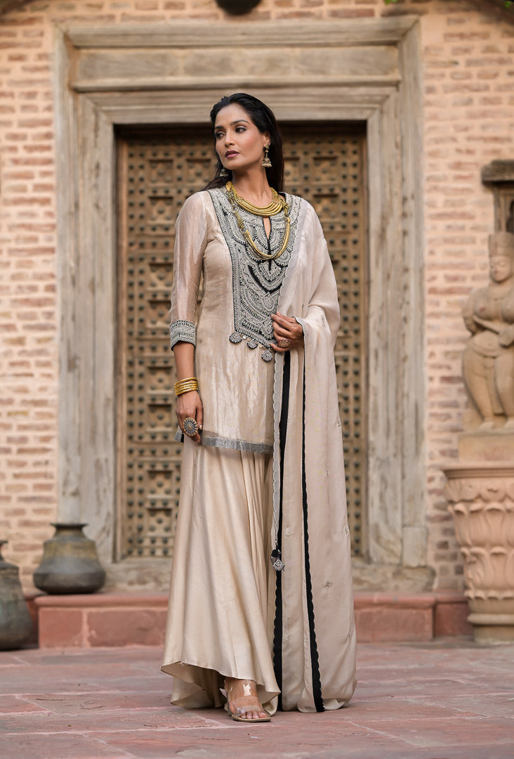 Resham | Luxury Beige Sharara Set with Embellished Kurta and Dupatta