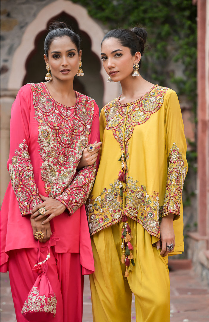 Rukhzar | Bright Pink Embroidered Kurta with Dhoti Pants