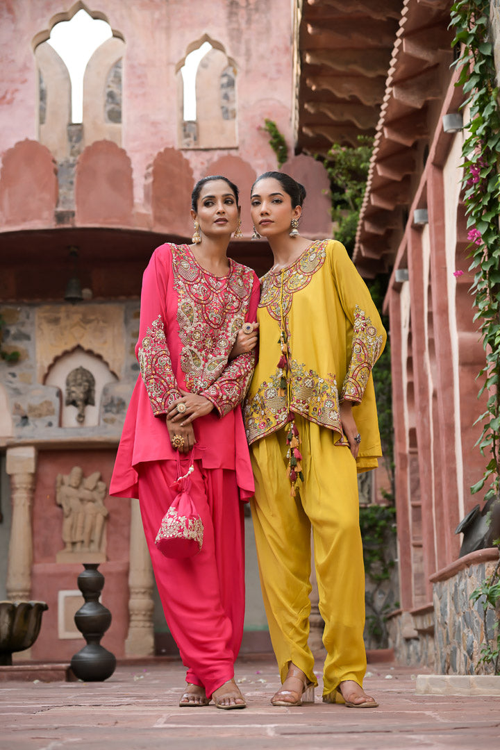 Rukhzar | Bright Pink Embroidered Kurta with Dhoti Pants