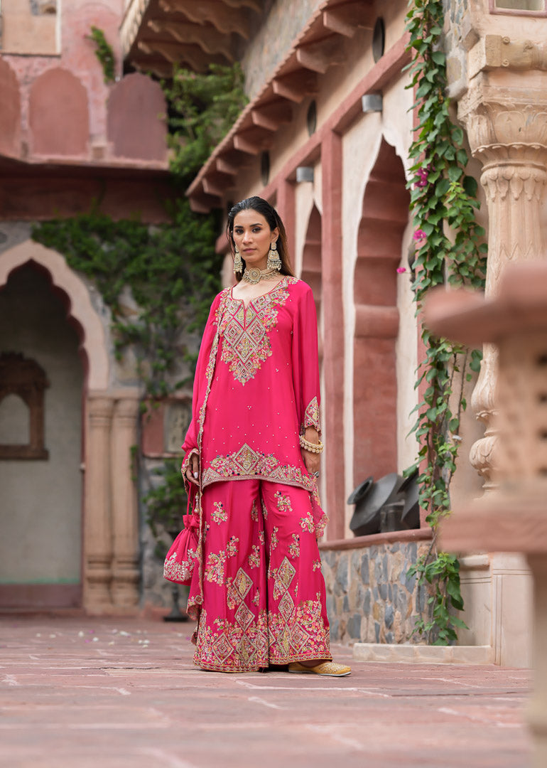 Jodha | Fuchsia pink embroidered palazzo suit set