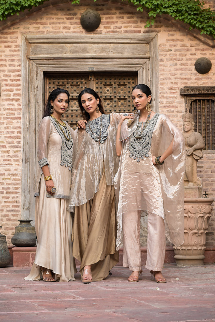 Chanderi | Golden Draped Kaftan Style Suit with Embellished Neckline