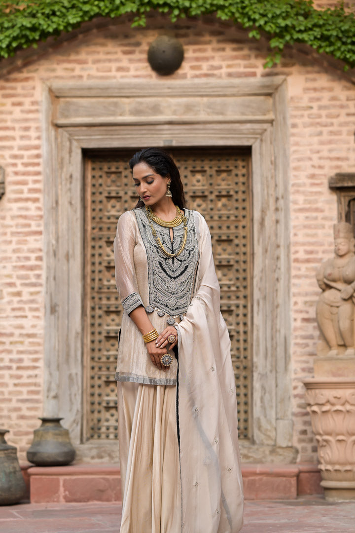 Resham | Luxury Beige Sharara Set with Embellished Kurta and Dupatta