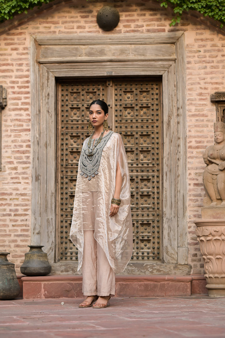 Nazuk | Beige Kaftan Style Suit with Statement Embellished Neckline