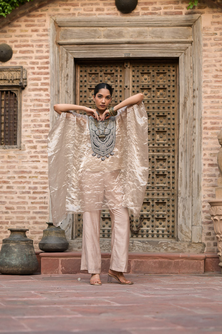 Nazuk | Beige Kaftan Style Suit with Statement Embellished Neckline