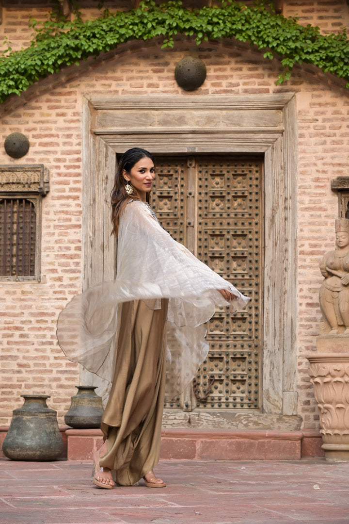 Chanderi | Golden Draped Kaftan Style Suit with Embellished Neckline
