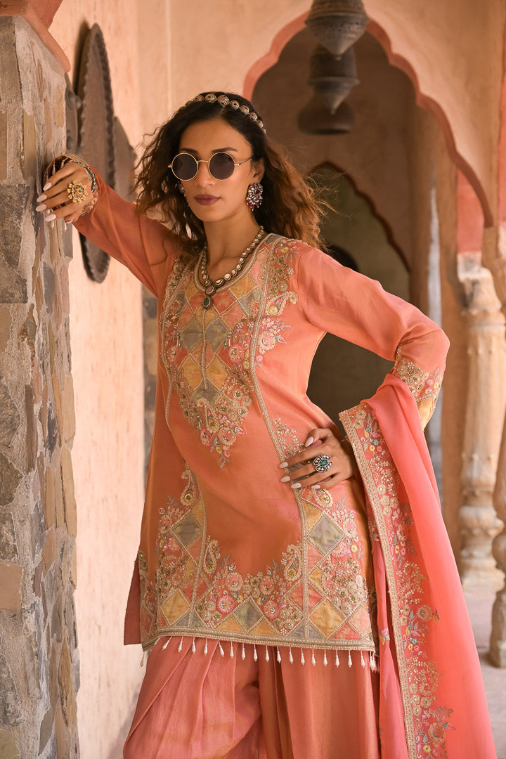 Radha | Peach Embroidered Pakistani Style Suit for Women