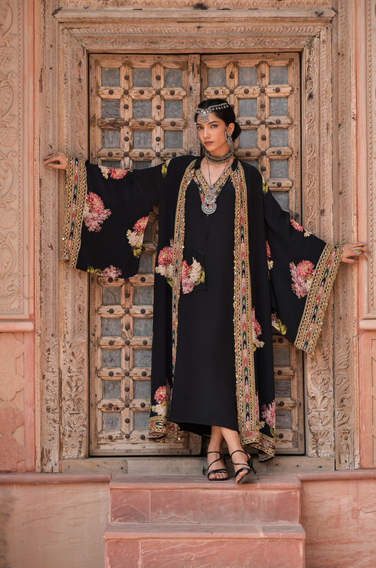 Naznina | Black Floral Embroidered Long Cape Jacket Set