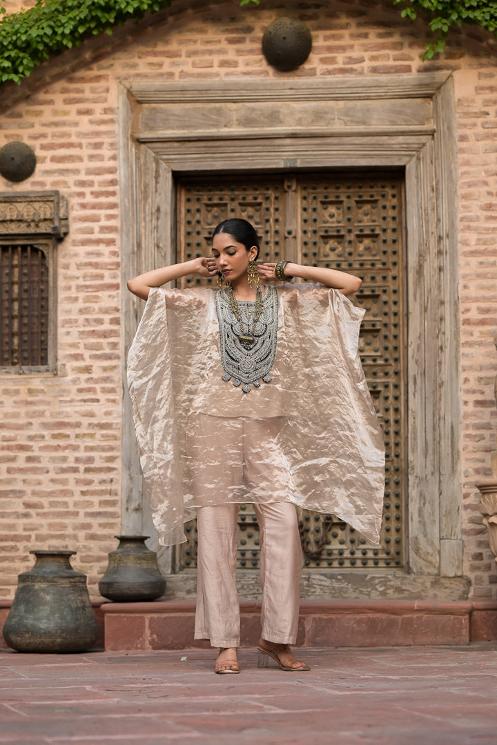 Nazuk | Beige Kaftan Style Suit with Statement Embellished Neckline