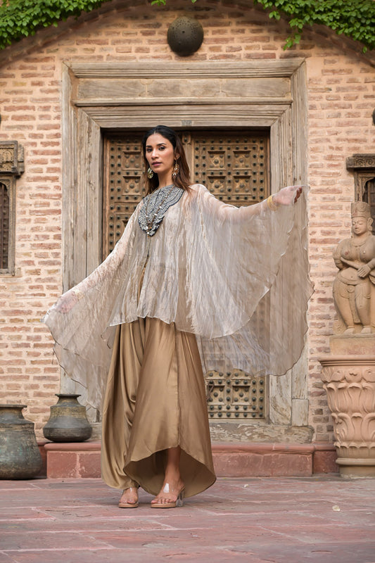 Chanderi | Golden Draped Kaftan Style Suit with Embellished Neckline