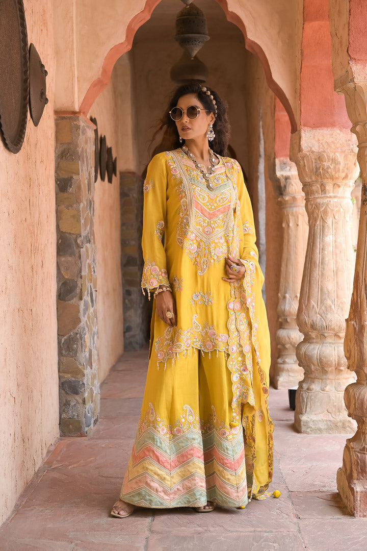 Rafiq | Yellow & Pastels Embroidered Palazzo Suit with Dupatta