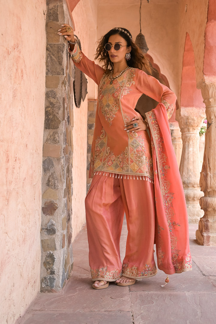 Radha | Peach Embroidered Pakistani Style Suit for Women