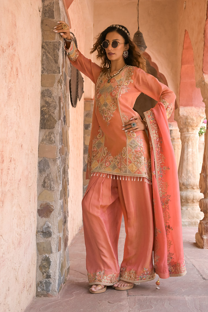 Radha | Peach Embroidered Pakistani Style Suit for Women