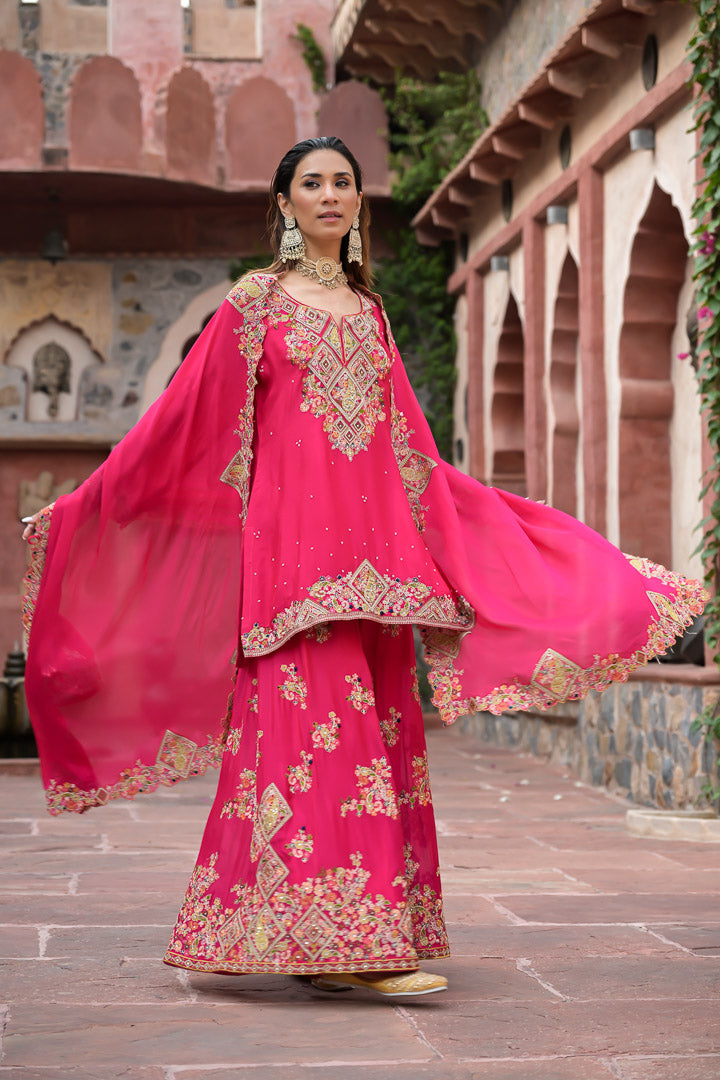 Jodha | Fuchsia pink embroidered palazzo suit set