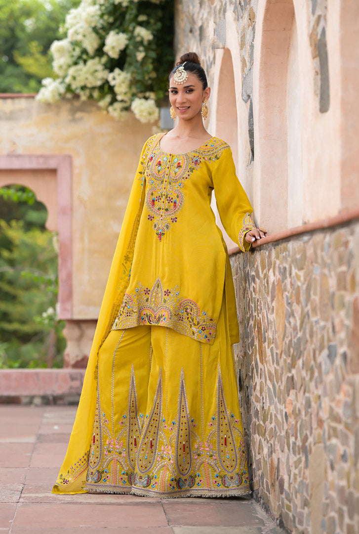 Yellow Begum | Embroidered Mustard Palazzo Set with Dupatta