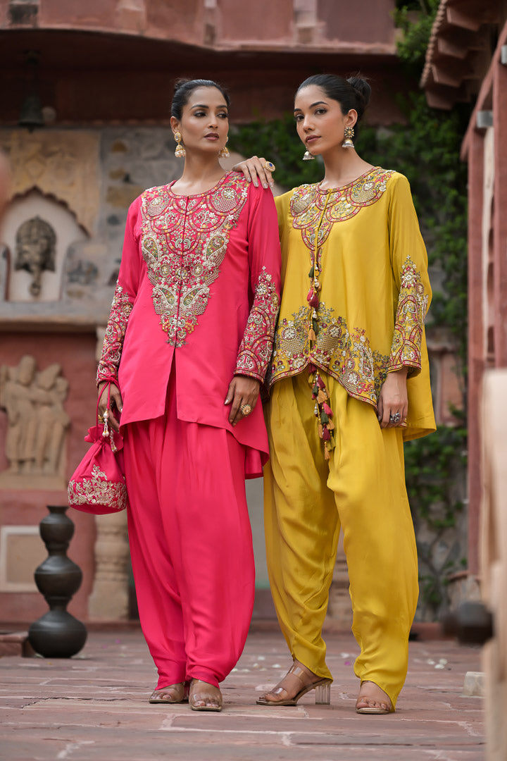 Rukhzar | Bright Pink Embroidered Kurta with Dhoti Pants