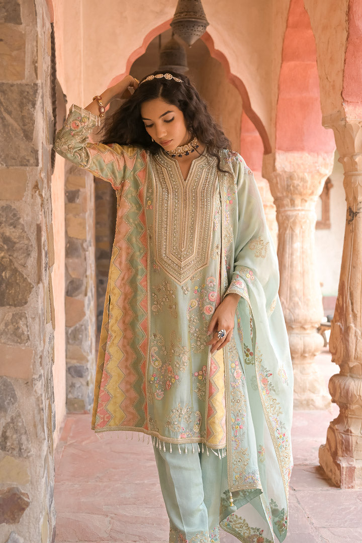 Heer | Pastel Green Embroidered Kurta Set with Straight Pants & Dupatta