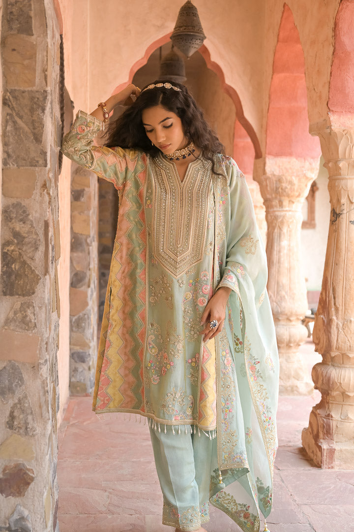 Heer | Pastel Green Embroidered Kurta Set with Straight Pants & Dupatta