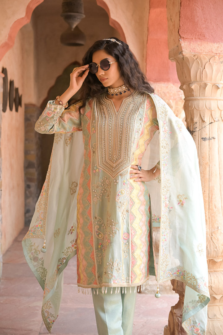 Heer | Pastel Green Embroidered Kurta Set with Straight Pants & Dupatta