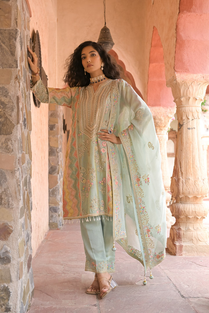 Heer | Pastel Green Embroidered Kurta Set with Straight Pants & Dupatta