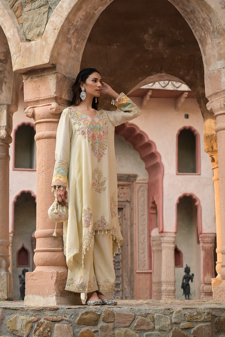 Chand | Beige Embroidered High low Suit