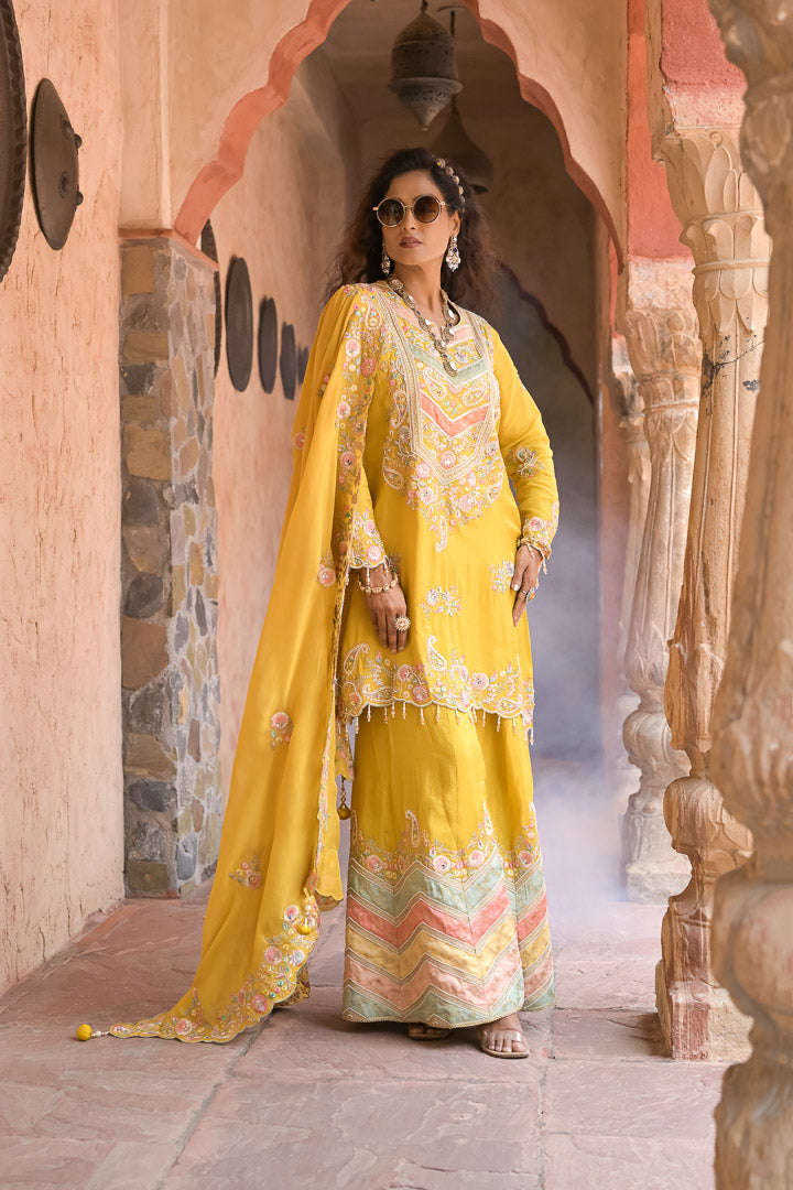 Rafiq | Yellow & Pastels Embroidered Palazzo Suit with Dupatta