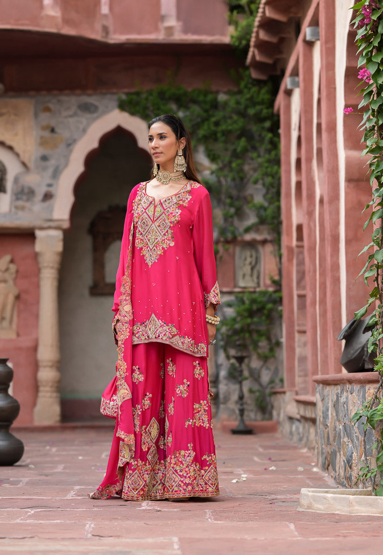 Jodha | Fuchsia pink embroidered palazzo suit set