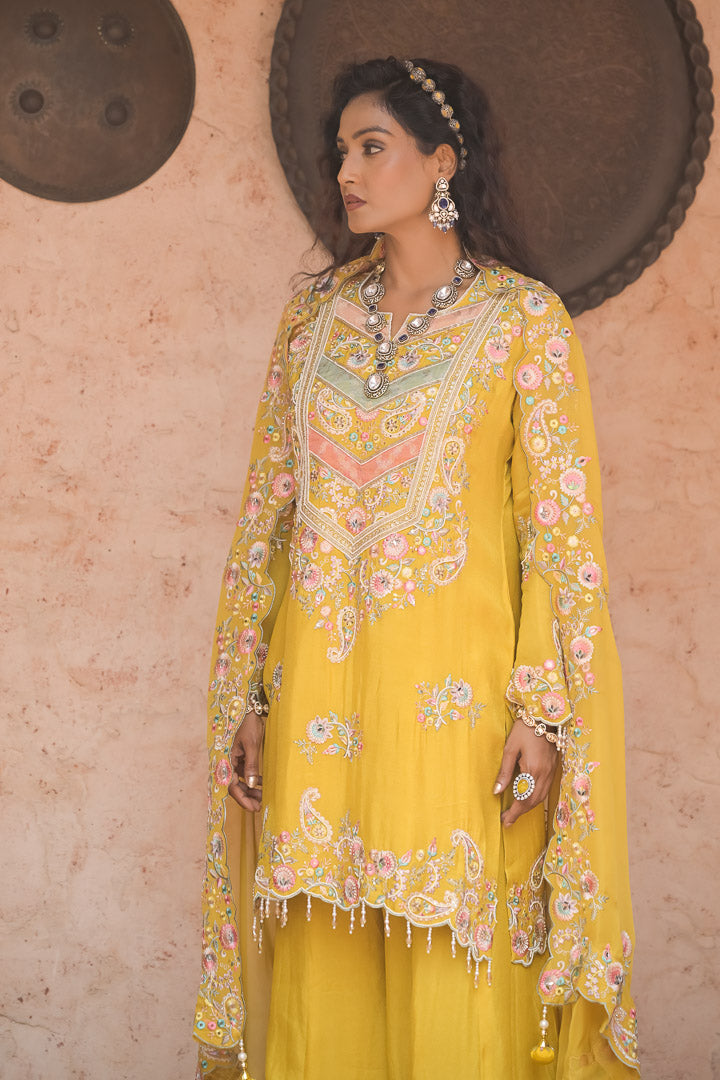 Rafiq | Yellow & Pastels Embroidered Palazzo Suit with Dupatta