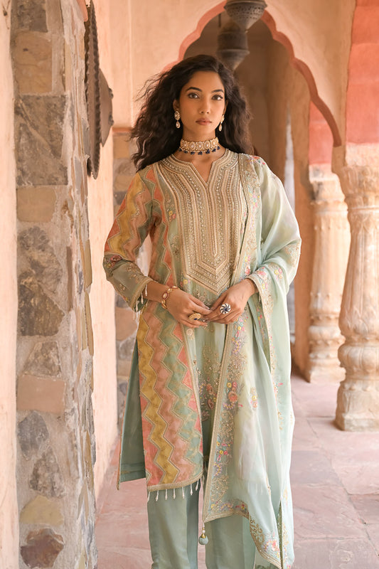 Heer | Pastel Green Embroidered Kurta Set with Straight Pants & Dupatta