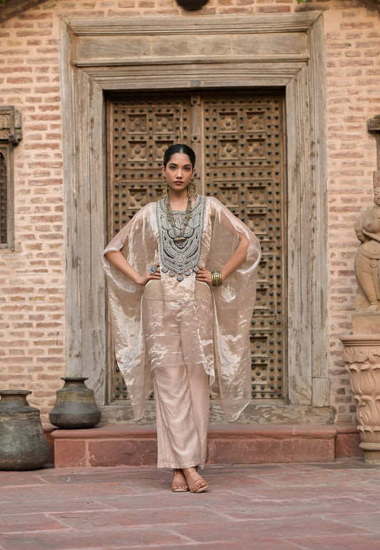 Nazuk | Beige Kaftan Style Suit with Statement Embellished Neckline